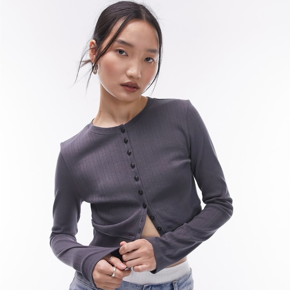 Topshop Gray Fitted Long Sleeve Button Down Crop Top Size Small